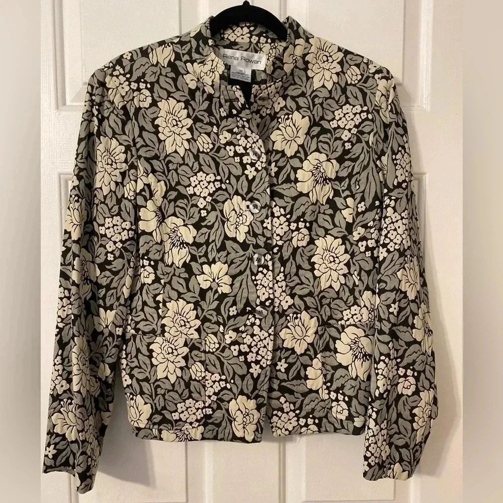 VINTAGE WOMEN'S RENA ROWAN BLACK & CREAM & GRAY FLOWER‎ BLAZER JACKET Size 10